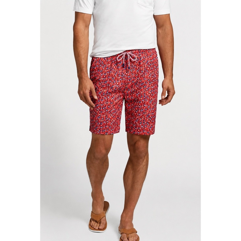 Peter Millar Seaside Dark and Stormy Print Swim Trunks Men's L 7" Inseam Red